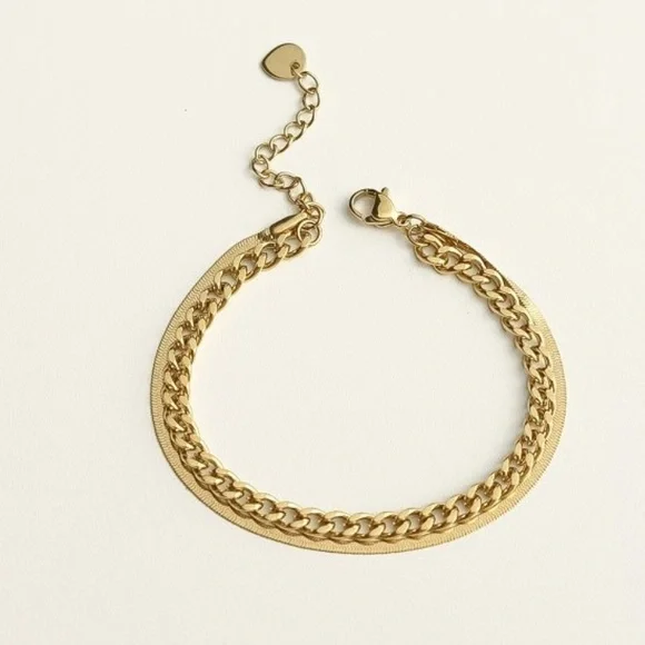 Herringbone Curb Chain Bracelet Set | Gold plated Stainless steel - Picture 2 of 3